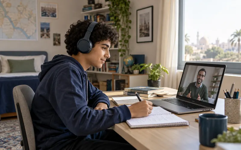 A secondary-school student at a home desk takes notes during a live online lesson, with the tutor on a laptop screen.
